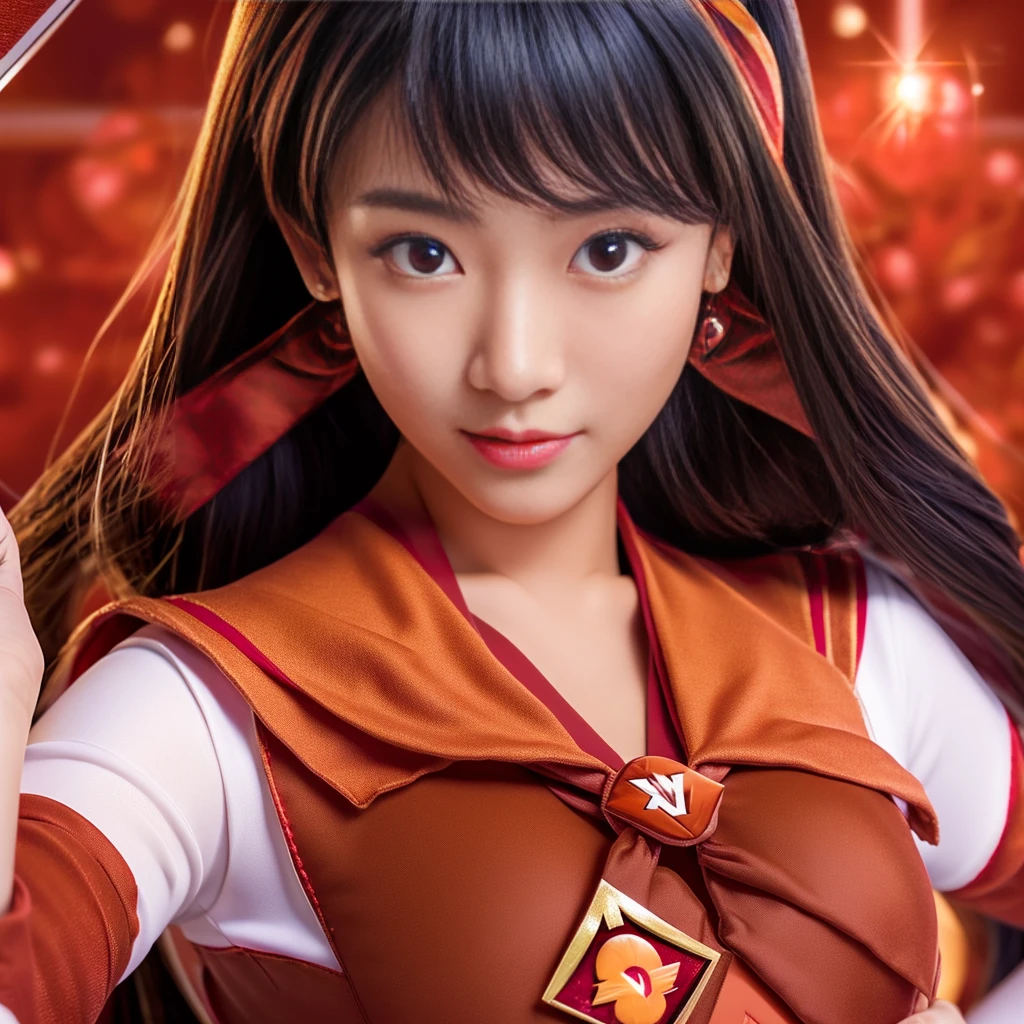 Highest quality，masterpiece，Very detailed, 8K， beautiful Japanese woman:1.5, Small face, (Detailed glamorous red Sailor Mars costume:1.5), Breast Augmentation Surgery, Very detailedな臭い脇の下、　Dynamic Angle