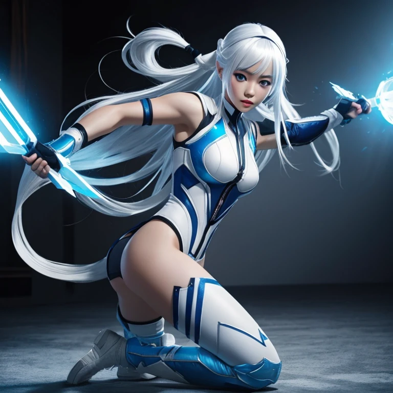 Korean girl, white long hair with bangs, icy blue eyes, white skin, white skimpy ninja suit, video game style, mortal kombat style