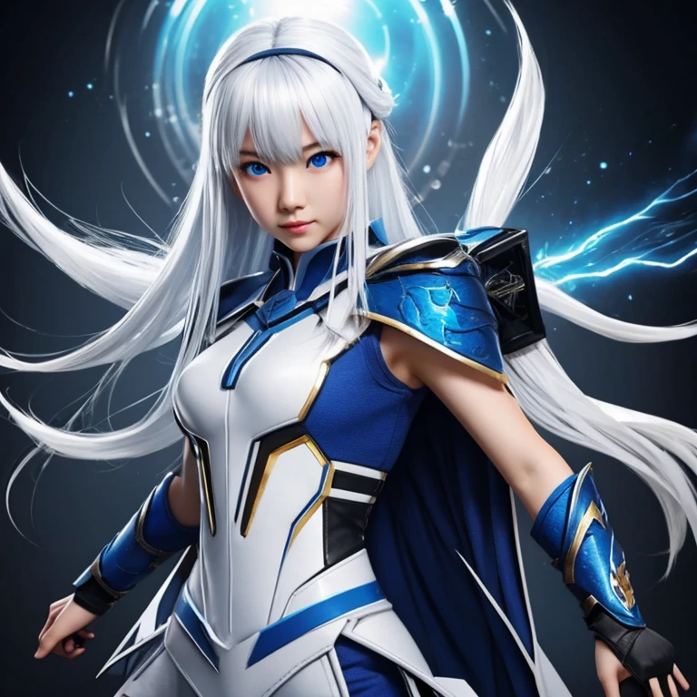 Korean girl, white long hair with bangs, icy blue eyes, white skin, white skimpy ninja suit, video game style, mortal kombat style