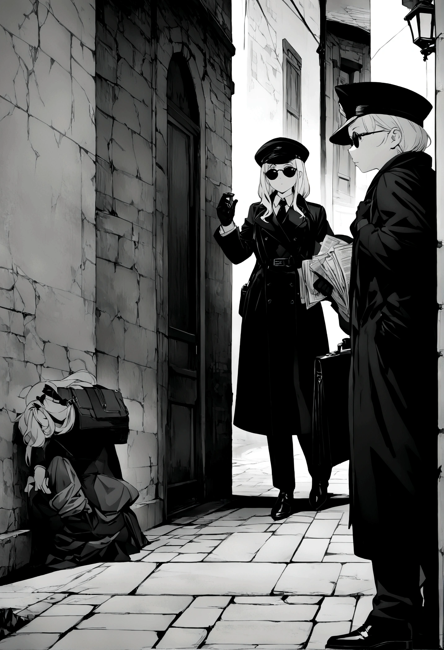 ((masterpiece, highest quality, Highest image quality, High resolution, 8K)), ((Extremely detailed CG unified 8k wallpaper)), ((monochrome)), Screenshot from an old black and white movie, two women having a secret conversation on a street corner, wearing black hats, black sunglasses, black trench coats, black gloves, black shoes, holding an attache case and newspaper in one hand, HD,