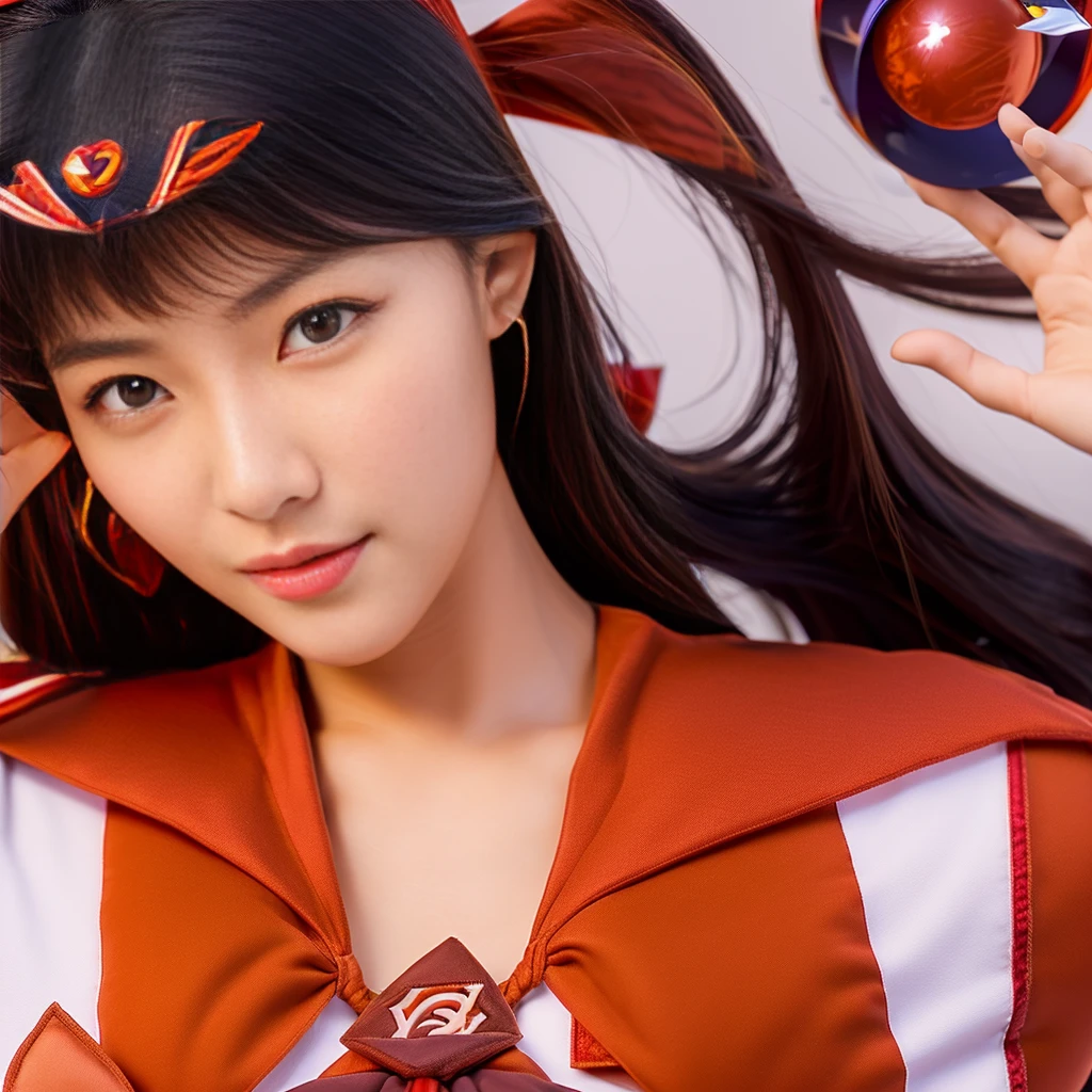 Highest quality, masterpiece, Ultra high resolution and extremely detailed, 8K, 14 year old beautiful Japanese woman:1.5, Small face, (Detailed glamorous red Sailor Mars costume:1.5), Breast Augmentation Surgery, Highly detailed smelly armpits、　Dynamic Angle