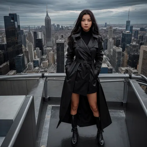 a cryptic girl in a black trench coat is standing on a sky scraper roof top