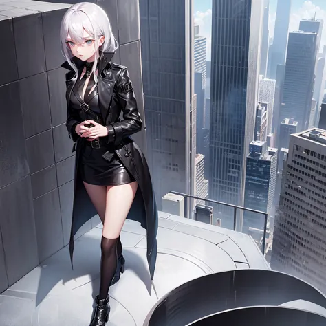 a cryptic girl in a black trench coat is standing on a sky scraper roof top