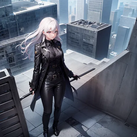 a cryptic girl in a black trench coat is standing on a sky scraper roof top