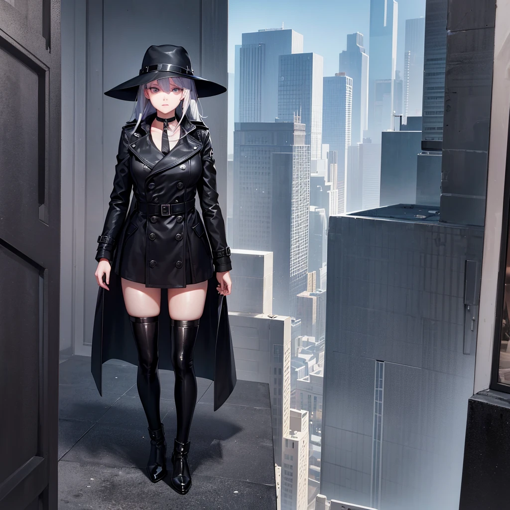 A cryptic girl in a black trench coat is standing on a sky scraper roof top
