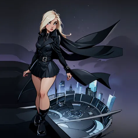 A cryptic girl in a black trench coat is standing on a sky scraper roof top
