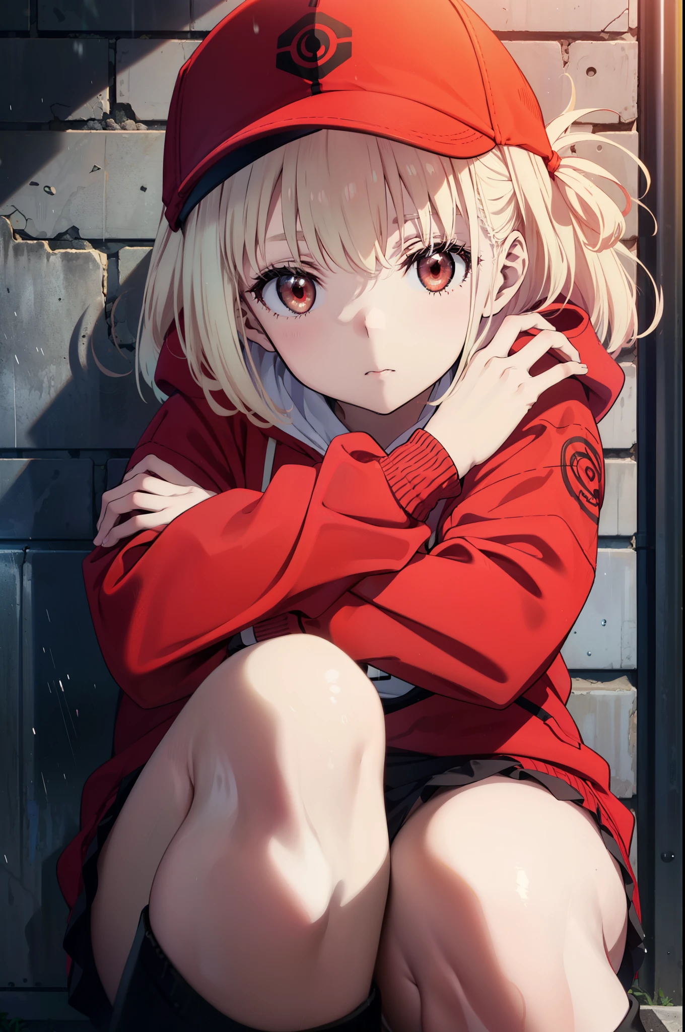 , Chisato Nishikigi, long, bangs, Blonde, (Red eyes:1.5), Baseball cap,Oversized red hoodie,mini skirt,Black knee socks,short boots,sitting leaning against the wall,rain,cloudy,Hide under the roof,whole bodyがイラストに入るように,
break outdoors, alley,
break looking at viewer, whole body,
break (masterpiece:1.2), Highest quality, High resolution, unity 8k wallpaper, (shape:0.8), (Beautiful attention to detail:1.6), extレムely detailed face, Perfect lighting, extレムely detailed CG, (Perfect hands, Perfect Anatomy),