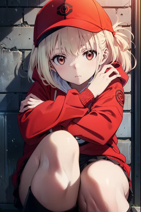 , Chisato Nishikigi, long, bangs, Blonde, (Red eyes:1.5), Baseball cap,Oversized red hoodie,mini skirt,Black knee socks,short bo...