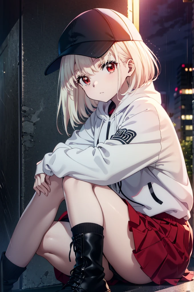 , Chisato Nishikigi, long, bangs, Blonde, (Red eyes:1.5), Baseball cap,Oversized red hoodie,mini skirt,Black knee socks,short boots,sitting leaning against the wall,rain,cloudy,Hide under the roof,whole bodyがイラストに入るように,
break outdoors, alley,
break looking at viewer, whole body,
break (masterpiece:1.2), Highest quality, High resolution, unity 8k wallpaper, (shape:0.8), (Beautiful attention to detail:1.6), extレムely detailed face, Perfect lighting, extレムely detailed CG, (Perfect hands, Perfect Anatomy),