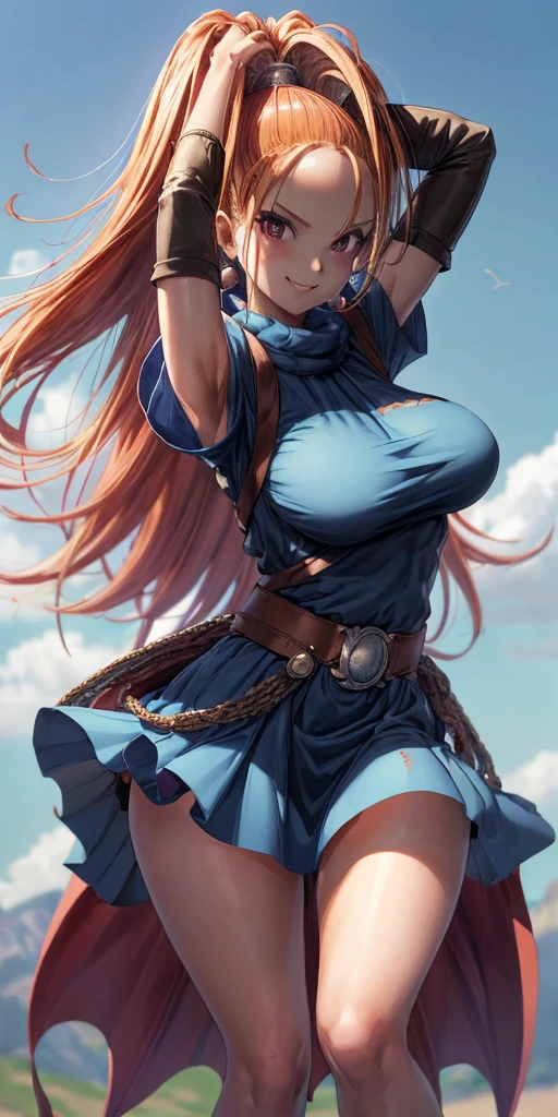 DQ6 Barbara, High Ponytail, Dress, Large breasts,
(Best Quality, masutepiece, Raw photo, Ultra-detailed:1.2), 1 girl Solo, Looking at Viewer, Smile, flered skirt, Skirt flips in the wind, Pose emphasizing buttocks, from front, cowboy shot, thumbs up