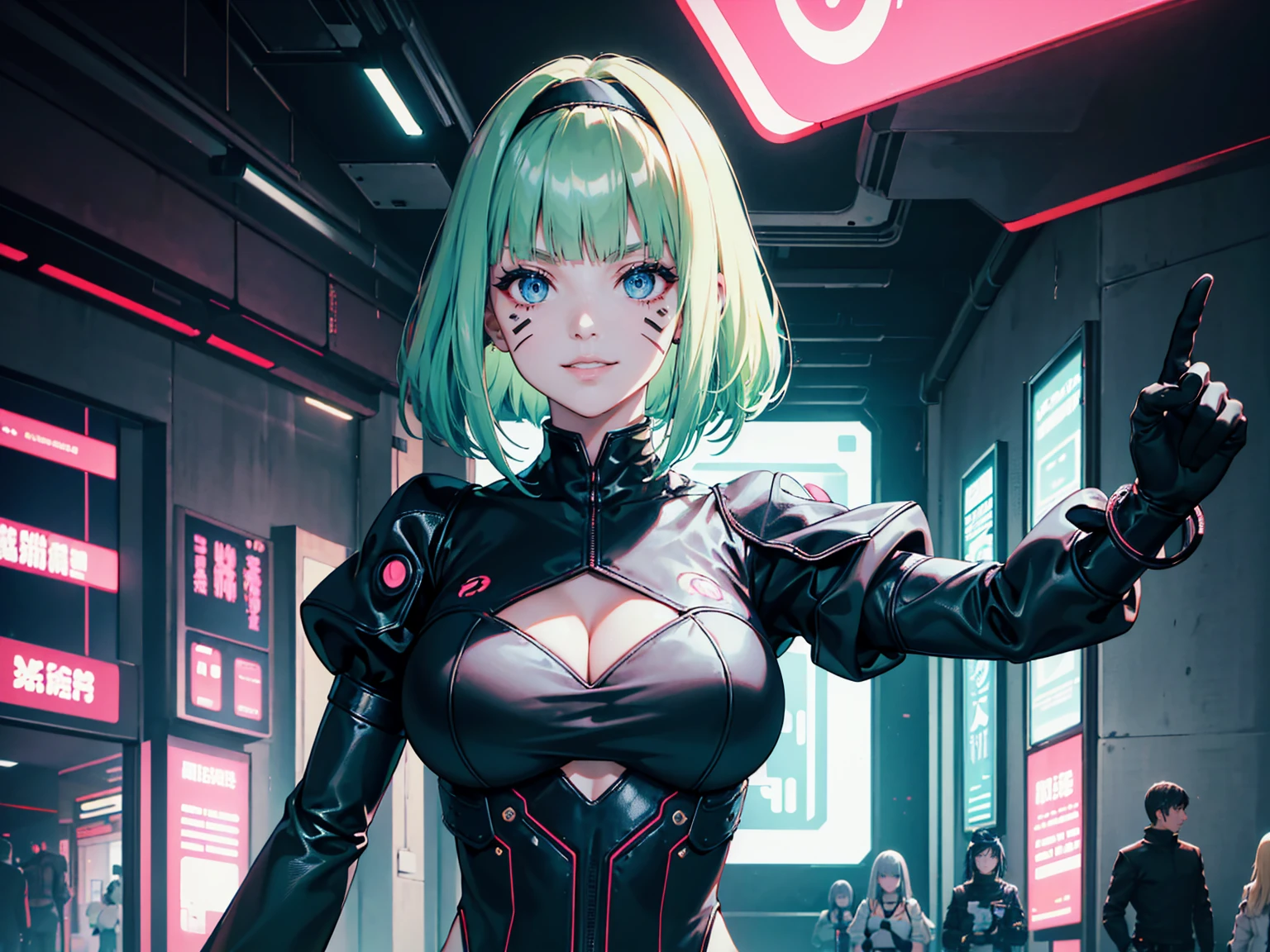 masterpiece, Best quality, (1 girl), (solo) (front facing), (upper body), (smile),(from front), (portrait), (night), (pose for picture), (dystopian city street), (large breast), (cleavage), (long hair),, black costume, black, gloves, dress boots, black gloves, puffy sleeves, black dress) (blak hairband),(cyberpunk costume), (green hair), (blue eyes), feather-trimmed sleeves anime, realistic, masterpiece, (bobcut, bangs), (A2 costume) (cyber_mark), ( facial mark), (cyberpunk suit), (j4nu4ryj0n3s cleavage), (demure), (dark room), (neon lights), (cyberpunk room), (focus on body), (look at front), (look at viewer), (midriff) 