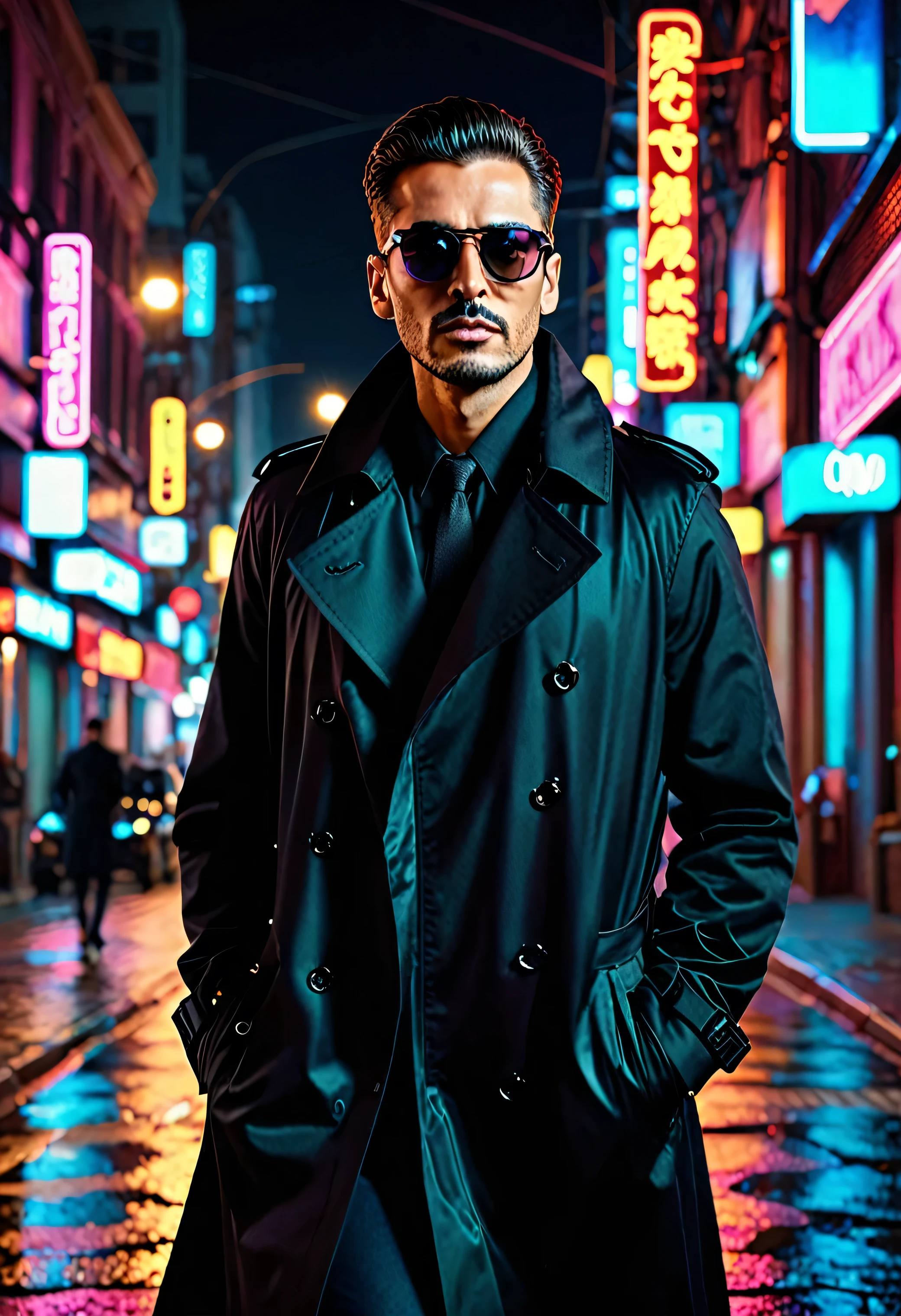  (masterpiece, best quality, high resolution),1man in a black trench coat and sunglasses, a city street at night with neon lights, 8k