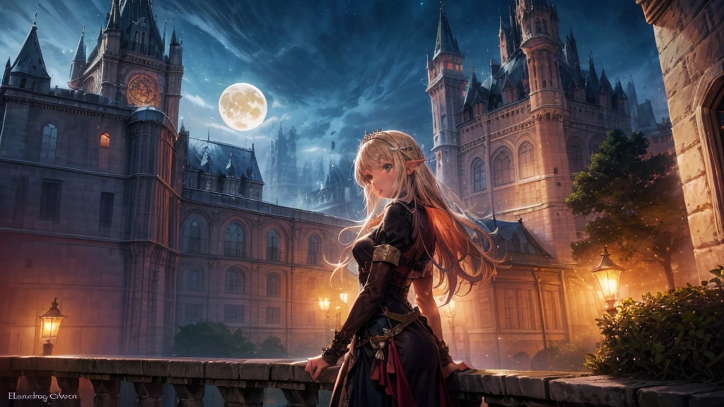 Fantasy art, RPG Art, Princess looking out the window at the magic castle, A beautiful elven princess looks out her window at the enchanted castle, An impressive castle with great attention to detail, with tower, bridge, moat, Standing on the mountain top, moon, 