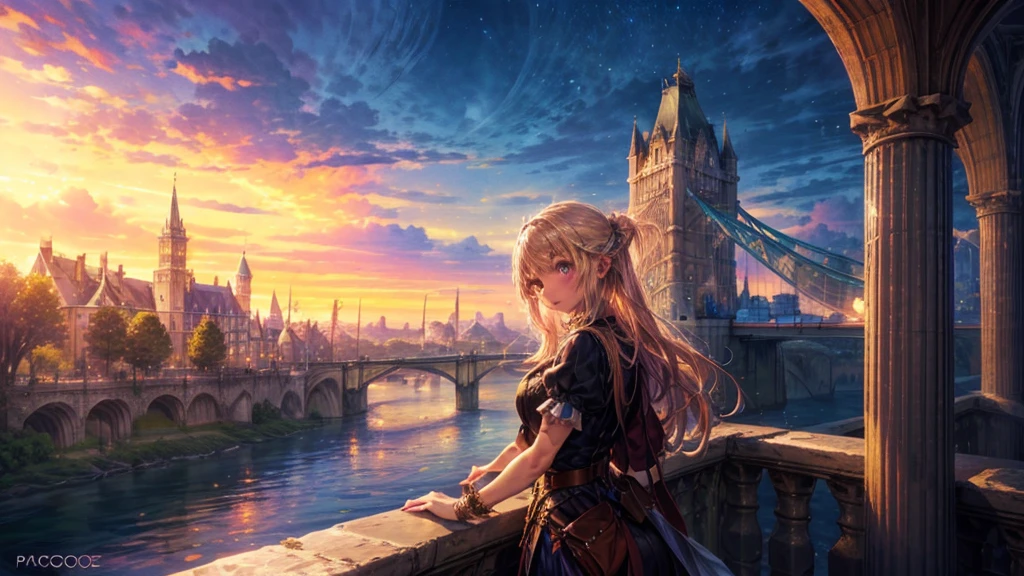 Fantasy art, RPG Art, Princess looking out the window at the magic castle, A beautiful elven princess looks out her window at the enchanted castle, An impressive castle with great attention to detail, with tower, bridge, moat, Standing on the mountain top, moon, 