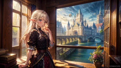 Fantasy art, RPG Art, Princess looking out the window at the magic castle, A beautiful elven princess looks out her window at th...