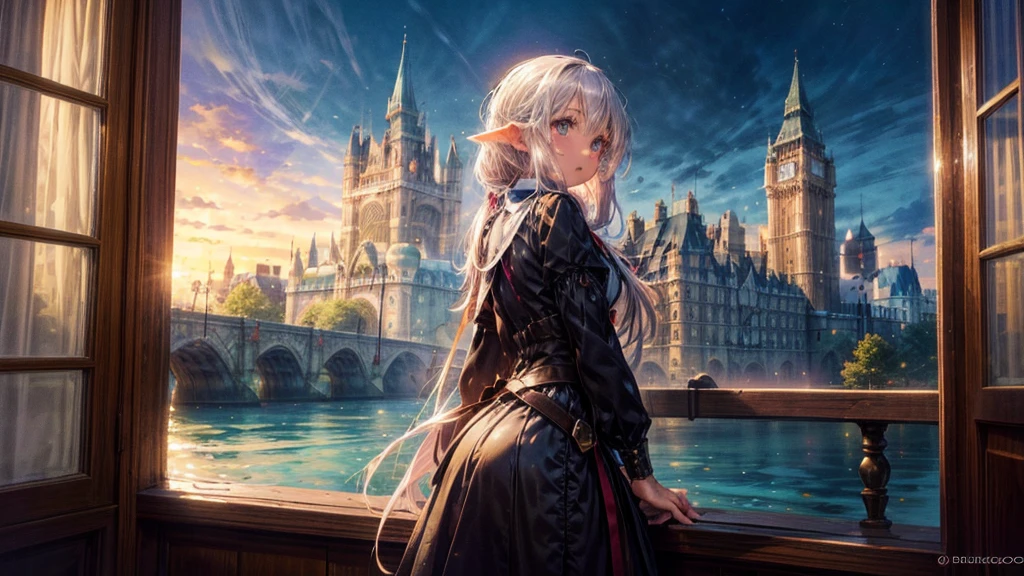 Fantasy art, RPG Art, Princess looking out the window at the magic castle, A beautiful elven princess looks out her window at the enchanted castle, An impressive castle with great attention to detail, with tower, bridge, moat, Standing on the mountain top, moon, 