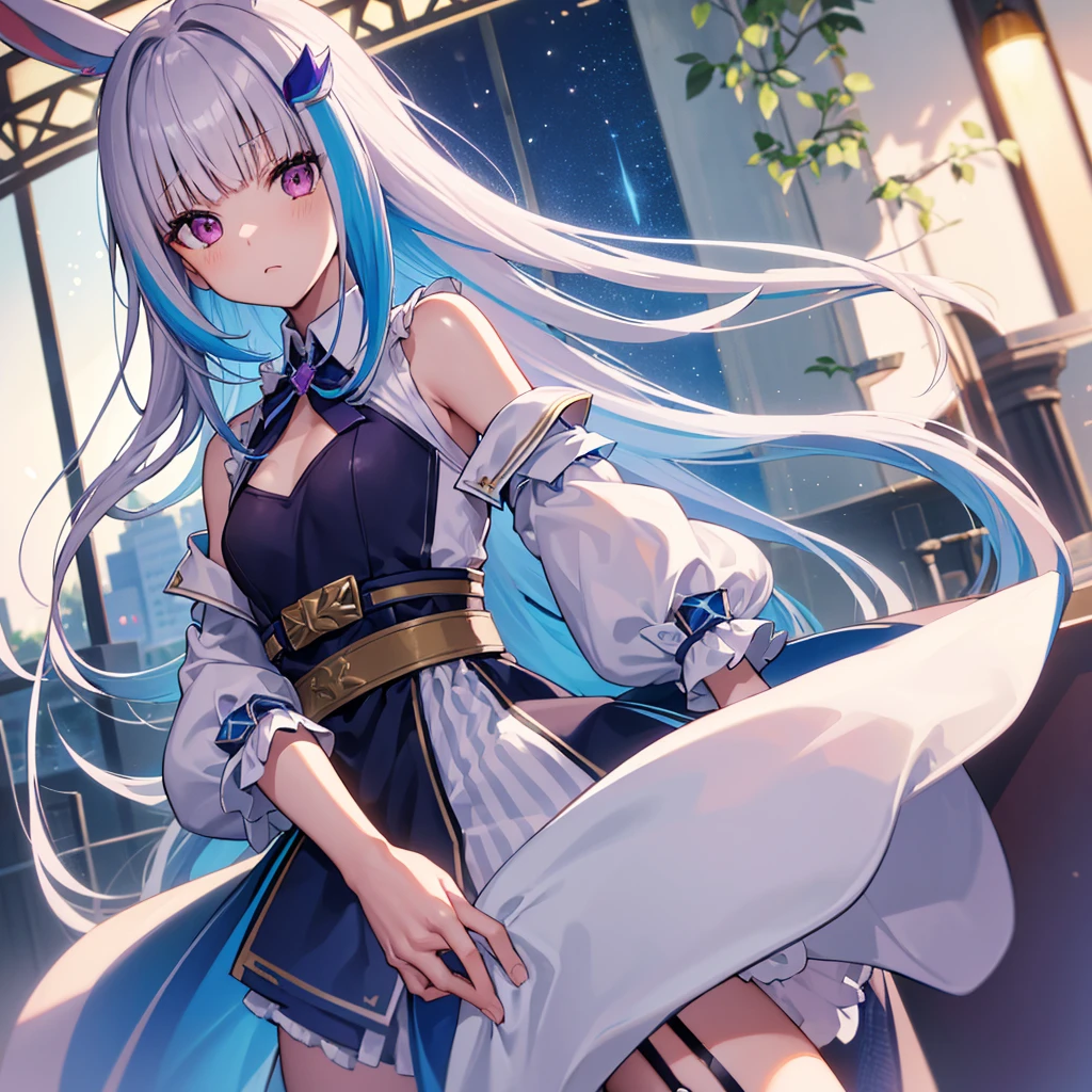 Rize Health Star, Helest League, Blue Hair, Blunt bangs, Inner hair color, Hair flap, hair ornaments, Long Hair, Multicolored Hair, (Purple eyes:1.1), Side Lock, Two-tone hair, Gray Hair, (Small breasts:1.2),
break armband, chromatic aberration, collared ,Bunny girl,garter belt,Virtual YouTuber,
break looking at viewer,
break outdoors,
break (masterpiece:1.2), Highest quality, High resolution, unity 8k wallpaper, (figure:0.8), (Beautiful attention to detail:1.6), Highly detailed face, Perfect lighting, Highly detailed CG, (Perfect hands, Perfect Anatomy),