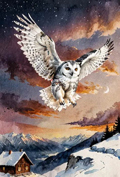 Snow owl, Flying, snow scene background, , Mysterious clouds, expression of surprise, incredible views, Unavailable, in the sky,...