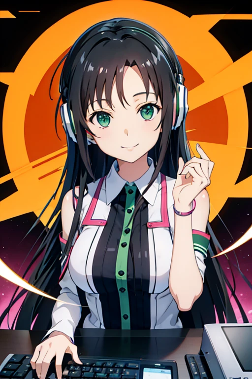 Cabelo até os ombros　Cabelo preto　secretária　usando um computador　mulher de escritório　estilo anime　sorriso　Usando fones de ouvido　tela verde