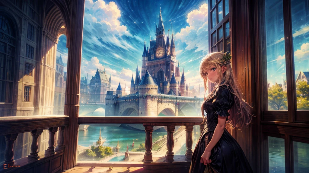 arte de fantasía, arte de rol, Princesa mirando por la ventana al castillo mágico, Una hermosa princesa elfa mira por la ventana el castillo encantado, Un castillo impresionante con gran atención al detalle., con torre, puente, foso, De pie en la cima de la montaña, luna, 