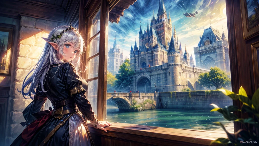 Fantasy art, RPG Art, Princess looking out the window at the magic castle, A beautiful elven princess looks out her window at the enchanted castle, An impressive castle with great attention to detail, with tower, bridge, moat, Standing on the mountain top, moon, 