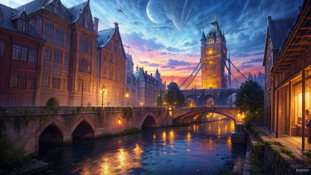 Fantasy art, RPG Art, Princess looking out the window at the magic castle, A beautiful elven princess looks out her window at the enchanted castle, An impressive castle with great attention to detail, with tower, bridge, moat, Standing on the mountain top, moon, 