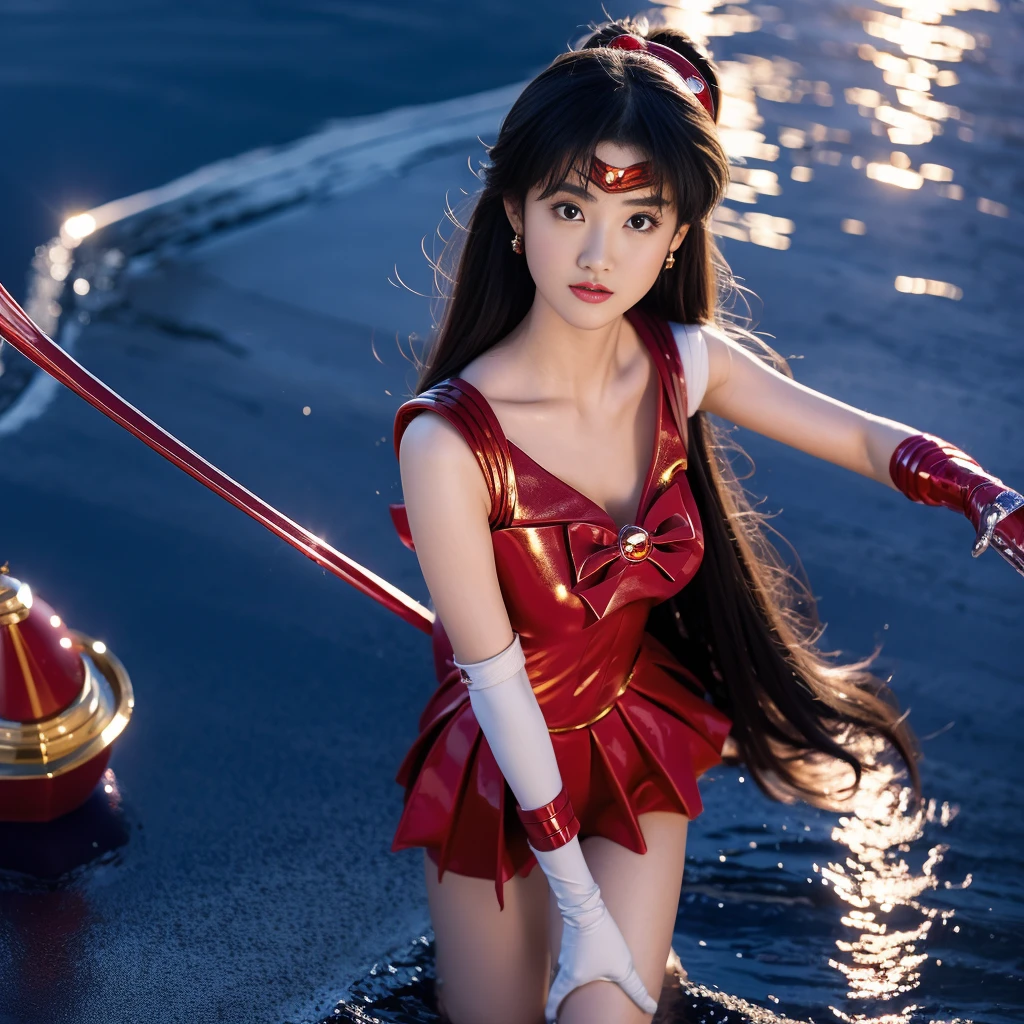 Highest quality, masterpiece, Ultra-high resolution, Very detailed, 8K, 14 year old beautiful Japanese woman:1.5, Small face, (A detailed and glamorous red Sailor Moon costume:1.5), Breast Augmentation Surgery, Very detailedな臭い脇の下、　Dynamic Angle