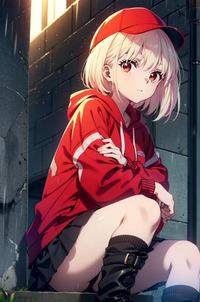 , Chisato Nishikigi, long, bangs, Blonde, (Red eyes:1.5), Baseball cap,Oversized red hoodie,mini skirt,Black knee socks,short boots,sitting leaning against the wall,rain,cloudy,Hide under the roof,whole bodyがイラストに入るように,
break outdoors, alley,
break looking at viewer, whole body,
break (masterpiece:1.2), Highest quality, High resolution, unity 8k wallpaper, (shape:0.8), (Beautiful attention to detail:1.6), extレムely detailed face, Perfect lighting, extレムely detailed CG, (Perfect hands, Perfect Anatomy),