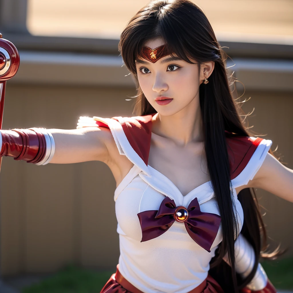 Highest quality, masterpiece, Ultra-high resolution, Very detailed, 8K, 14 year old beautiful Japanese woman:1.5, Small face, (A detailed and glamorous red Sailor Moon costume:1.5), Breast Augmentation Surgery, Very detailedな臭い脇の下、　Dynamic Angle