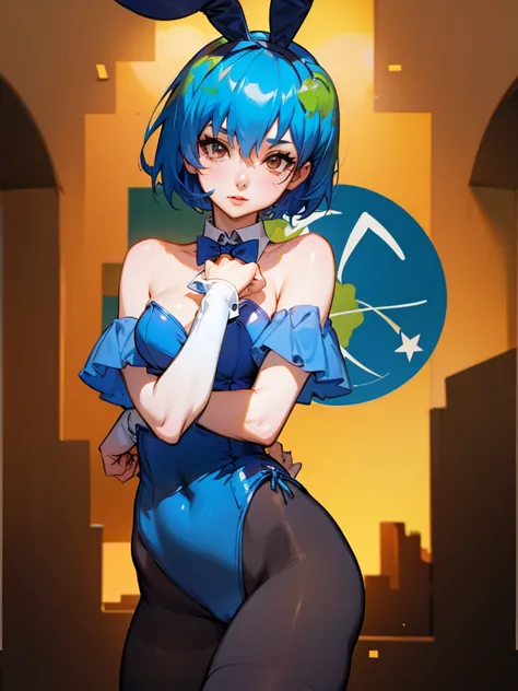 earth-chan, short sleeves, pantyhose, playboy bunny, bare shoulders, cowboy shot, highly detailed, HD, 4K, masterpiece