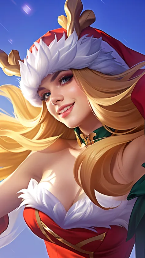a close up portrait of a beautiful woman wearing a santa hat and a red dress, smile, crystallike skin, iconic character splash a...