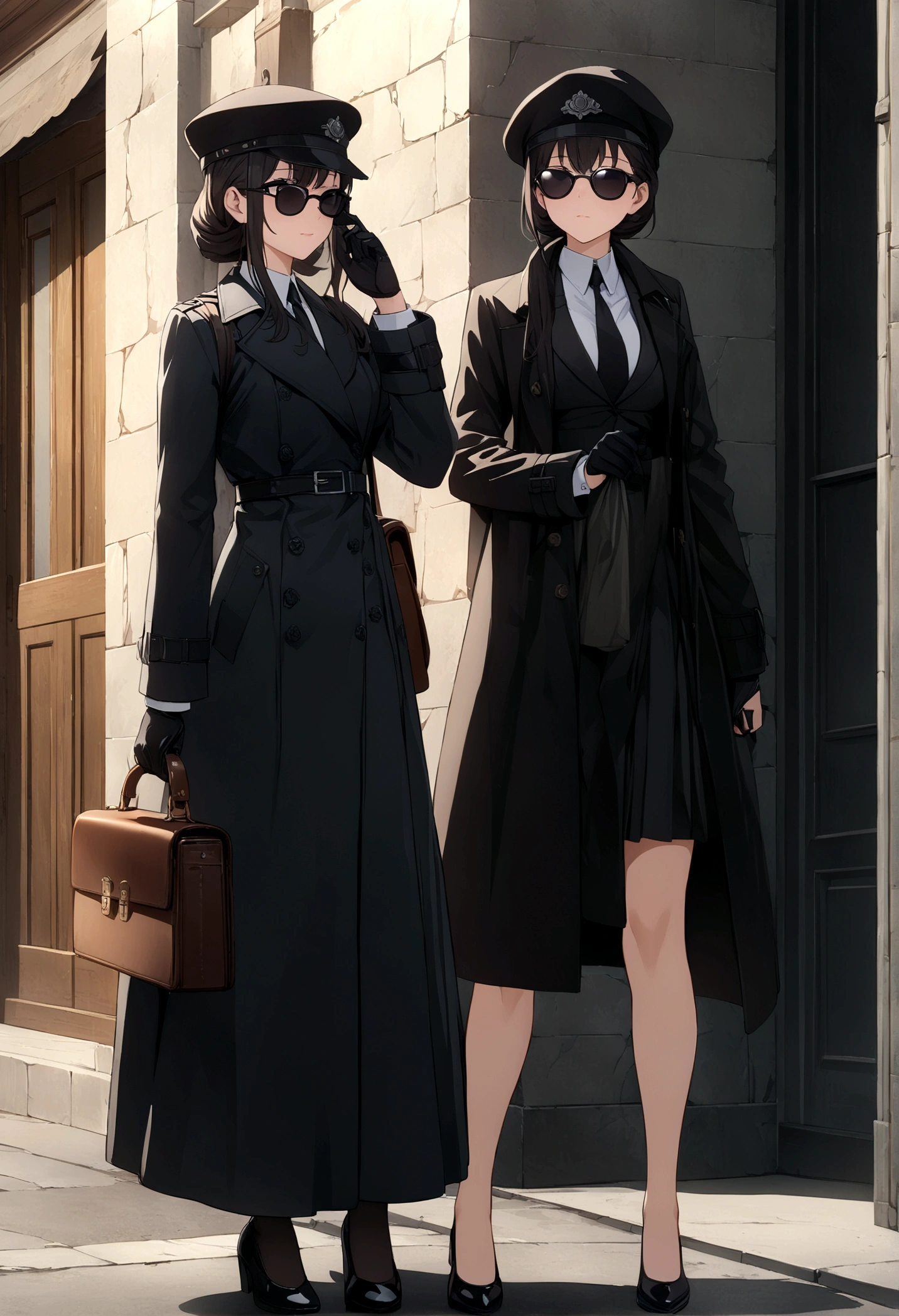 ((Masterpiece, top quality, high resolution)), ((highly detailed CG unified 8K wallpaper)), Screenshot from a spy movie, two women having a secret conversation on a street corner, wearing black hats, black sunglasses, black trench coats, black gloves, black shoes, holding an attache case and newspaper in one hand, HD,