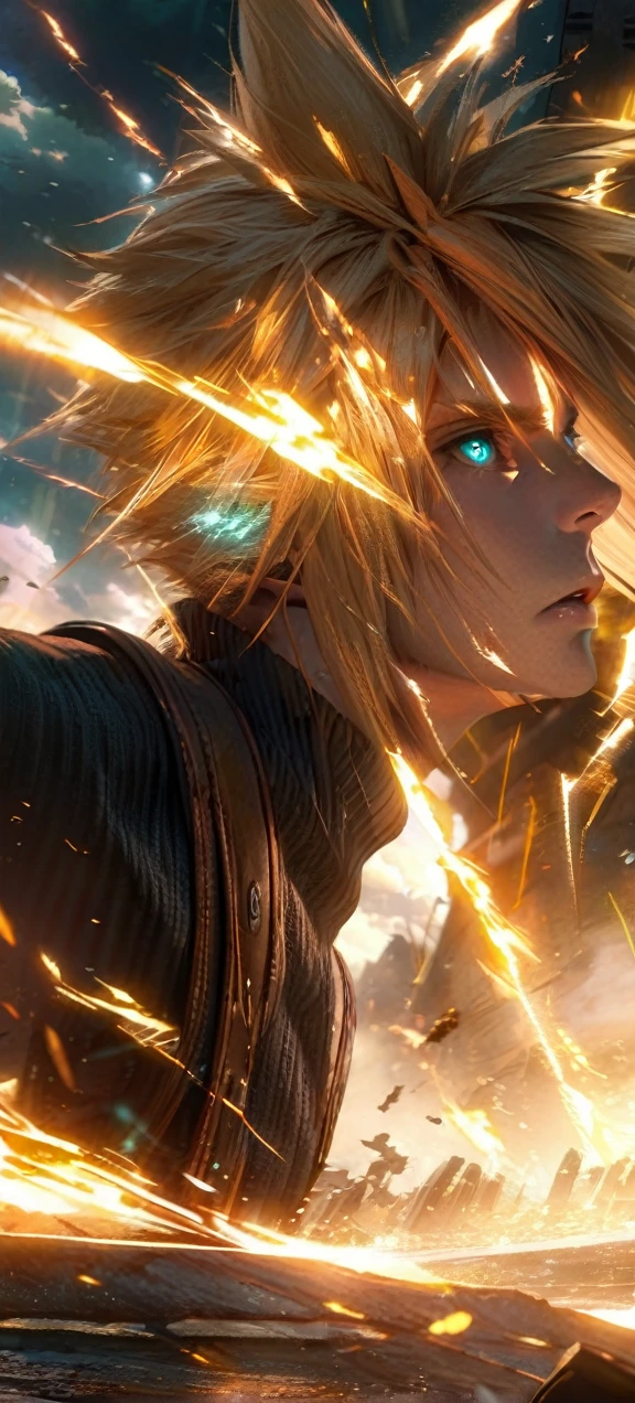 Symetrical,absurdres, highres, ultra detailed, HDR, masterpiece, extremely detailed face and eyes, Cloud Strife,final fantasy 7, yellow hair , , solo, man, handsome, ,, , Epic fight scene, yellow lightning effect, glowing glitters