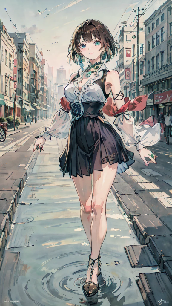 best quality,masterpiece,8k wallpaper,absurdres, highres, ultra detailed, (1 young beautiful girl, solo:1.1), yuna (ff10),heterochromia, green eyes,  brown hair, short hair, blue eyes, jewelry, ring,dress shirt,overall skirt,hand between legs,cityscape, skyscraper,east_asian_architecture, street,BREAK