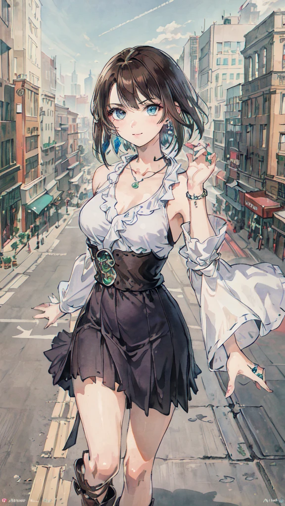 best quality,masterpiece,8k wallpaper,absurdres, highres, ultra detailed, (1 young beautiful girl, solo:1.1), yuna (ff10),heterochromia, green eyes,  brown hair, short hair, blue eyes, jewelry, ring,dress shirt,overall skirt,hand between legs,cityscape, skyscraper,east_asian_architecture, street,BREAK