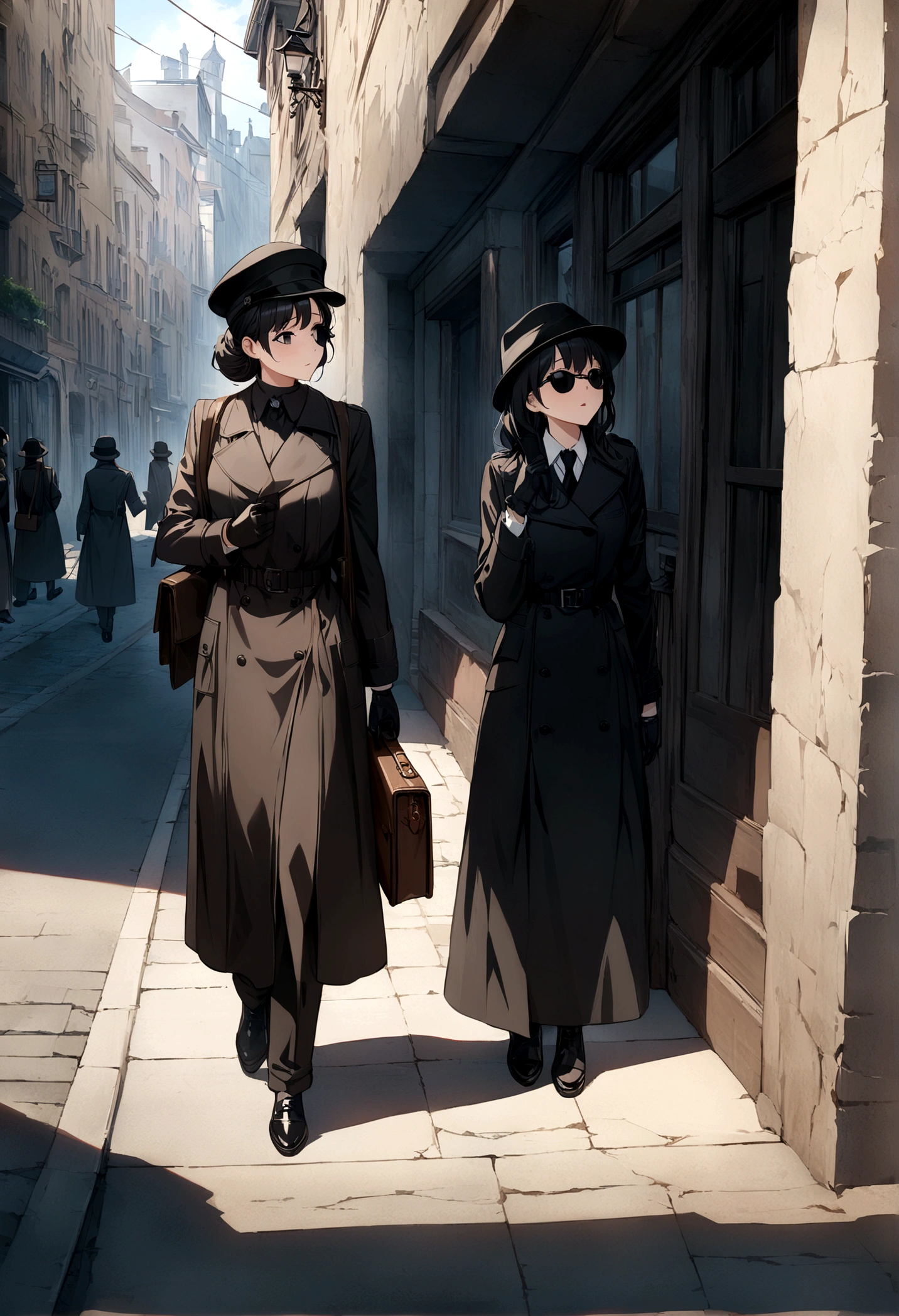 ((Masterpiece, top quality, high resolution)), ((highly detailed CG unified 8K wallpaper)), Screenshot from a spy movie, two women having a secret conversation on a street corner, wearing black hats, black sunglasses, black trench coats, black gloves, black shoes, holding an attache case and newspaper in one hand, HD,