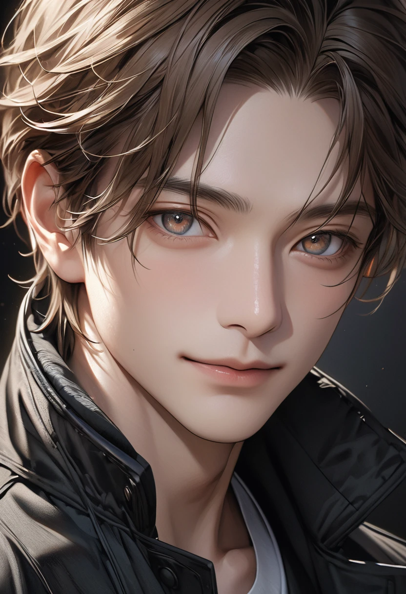    Handsome mature young boy half-length photo taken, close-up of brown-haired man wearing black windbreaker( perfect anatomy ) Face side close-up. Detailed face. realistic eyes. 

               The face and eyes are very detailed. Delicate skin.、Delicate skin texture smile, Black trench coat dark shadow background, black soft light, Professional photography master&#39;Artworks, texture, complicated, Clear,

                    High-quality masterpieces，Extremely complicated and exquisitely detailed, Super detailed, Super detailed digital art