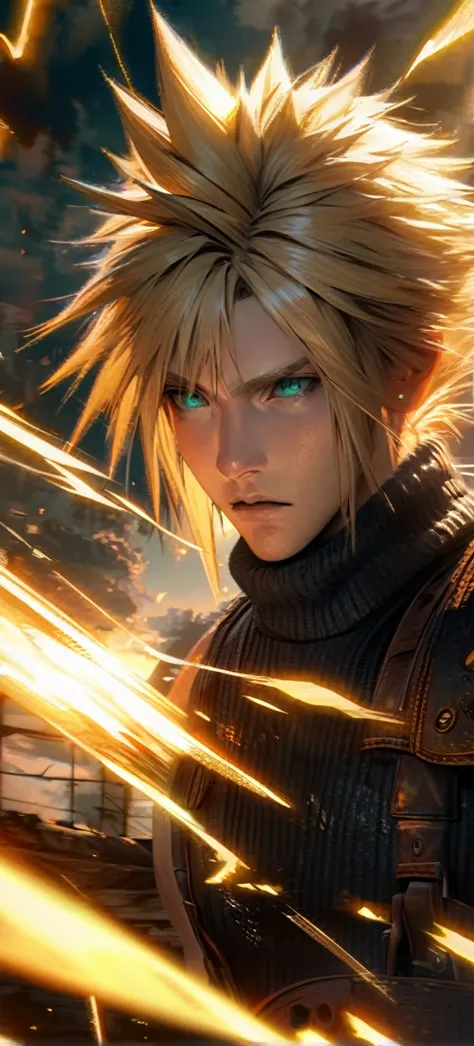 symetrical,absurdres, highres, ultra detailed, hdr, masterpiece, extremely detailed face and eyes, cloud strife,final fantasy 7,...