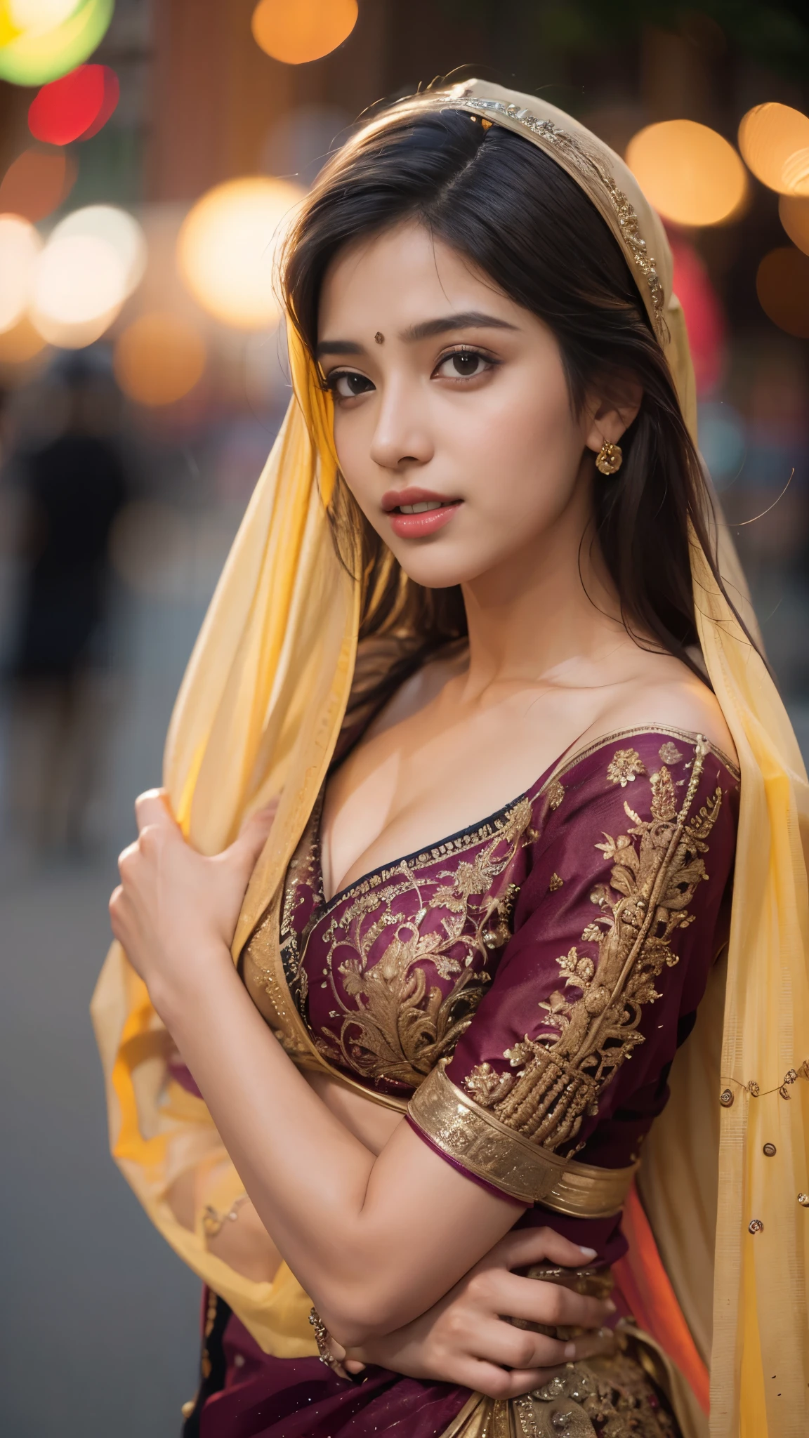 (((Desi Girl))), attractive face, natural skin, Wearing a hot deep neck top and dupatta., Attractive black hair, ((The ends of my hair are blonde)), city street background, bokeh, whole body, big breasts