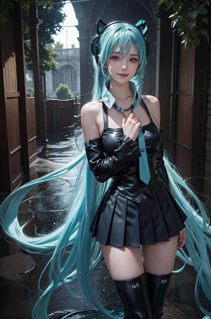 (Personaje Hatsune Miku), pelo largo de two tails con pony, looking at the view, eyes in sight, SMILE (big SMILE), perfect body, perfect anatomy, tosca eye color, double eyelids, huge breasts, highly detailed skin texture,(Realistic Skin), Ultra detailed face, detailed lips, detailed eyes, double eyelids, Necklaces, wet skin, wet hair, (front focus), (in the dark:1.6), Retrato hiperrealist de mujer por david hockney y alphonse mucha, fantasy art, foto realista, dynamic pose, dynamic lighting, art station, poster, volumetric lighting, Very detailed faces, 4k, Award-winning, Best Quality, Masterpiece, realist, photorealist, SMILE, standing, hatsune-miku costume, Hatsune Miku, cosplay, pelo aquamarine, two tails, very long hair, hair ornament, headphones, headphones, shirt, Skirt, pleated Skirt, atar, aquamarine, separate sleeves, tattoo, thigh high boots. 