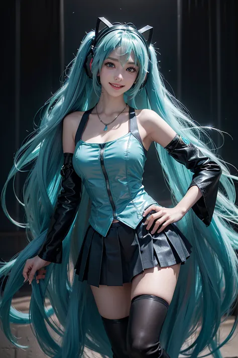 (personaje hatsune miku), pelo largo de two tails con pony, looking at the view, eyes in sight, smile (big smile), perfect body,...