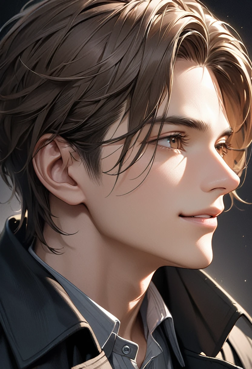    A handsome mature young boy takes a photo of his upper body, a close-up of a brown-haired man wearing a black trench coat( perfect anatomy ) Face side close-up. Detailed face. realistic eyes. 

               The face and eyes are very detailed. Delicate skin.、Delicate skin texture smile, Black trench coat dark shadow background, black soft light, Professional photography master&#39;Artworks, texture, complicated, Clear,

                    High-quality masterpieces，Extremely complicated and exquisitely detailed, Super detailed, Super detailed digital art