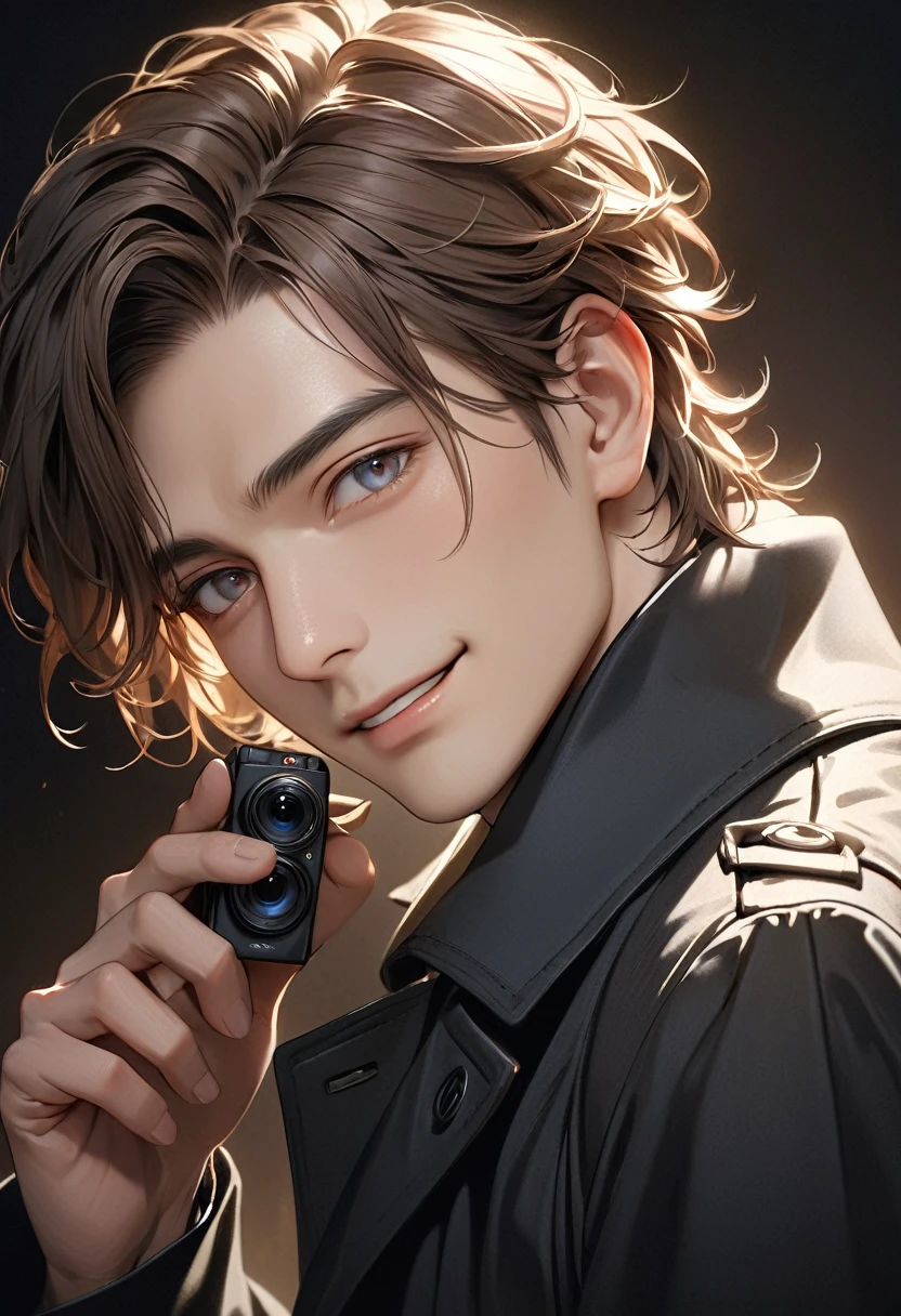    A handsome mature young boy takes a photo of his upper body, a close-up of a brown-haired man wearing a black trench coat( perfect anatomy ) Face side close-up. Detailed face. realistic eyes. 

               The face and eyes are very detailed. Delicate skin.、Delicate skin texture smile, Black trench coat dark shadow background, black soft light, Professional photography master&#39;Artworks, texture, complicated, Clear,

                    High-quality masterpieces，Extremely complicated and exquisitely detailed, Super detailed, Super detailed digital art