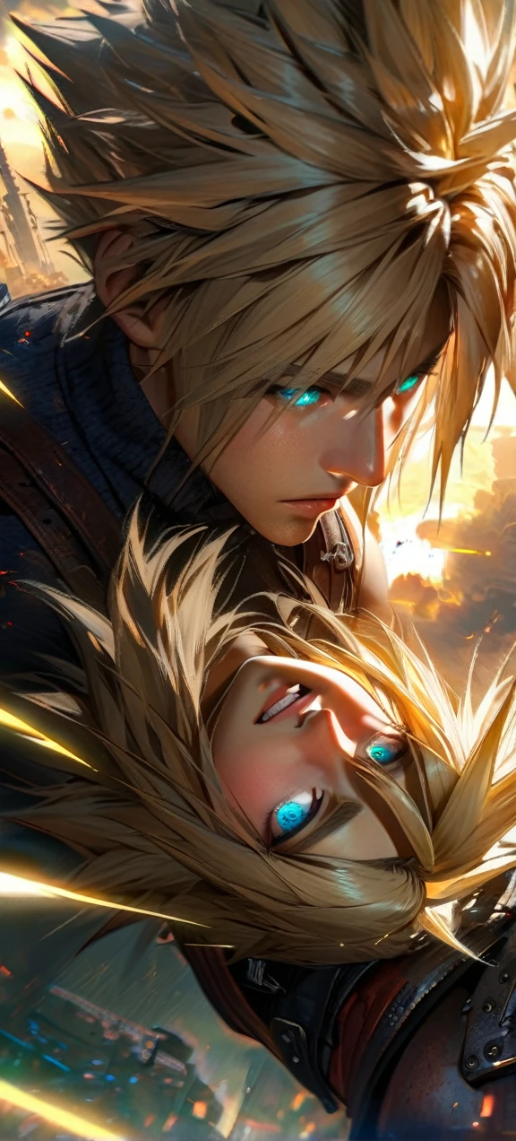 Symetrical,absurdres, highres, ultra detailed, HDR, masterpiece, extremely detailed face and eyes, Cloud Strife,final fantasy 7, yellow hair , , solo, man, handsome, ,, , Epic fight scene, yellow lightning effect, glowing glitters