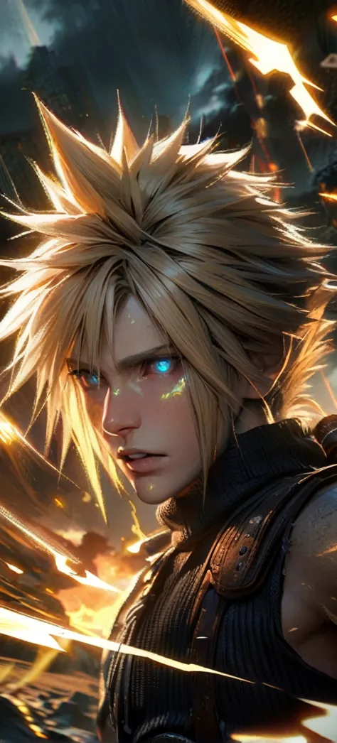 symetrical,absurdres, highres, ultra detailed, hdr, masterpiece, extremely detailed face and eyes, cloud strife,final fantasy 7,...