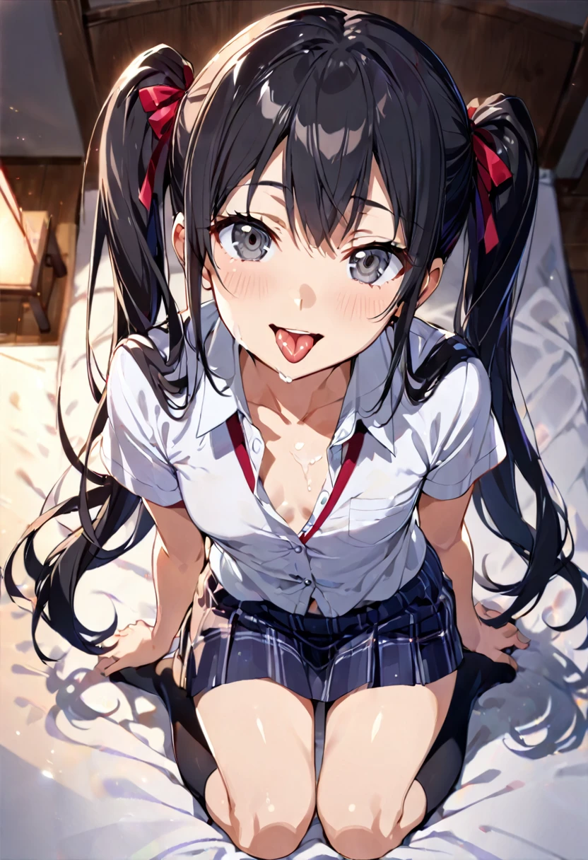 front view,1girl,Beautiful girl at 13 years old,Japanese,Slender,small breasts,Baby Face,Small face,Black Hair,Row Twin Tails,Gray Eyes,Drooping eyes,middle School girls,uniform,Summer clothes,Short sleeve,socks,Unbuttoned shirt,ribbon,open mouth,tongue out,front face,kneel,Hands Behind Back,Put your chin forward,Beautiful and detailed anime art,Mischievous smile,front view,high angle, looking at viewer, looking ahead, from above,face focus,Sexy vibe,cum on tongue,Dimly lit room,Beautiful room,On the bed,blurry background