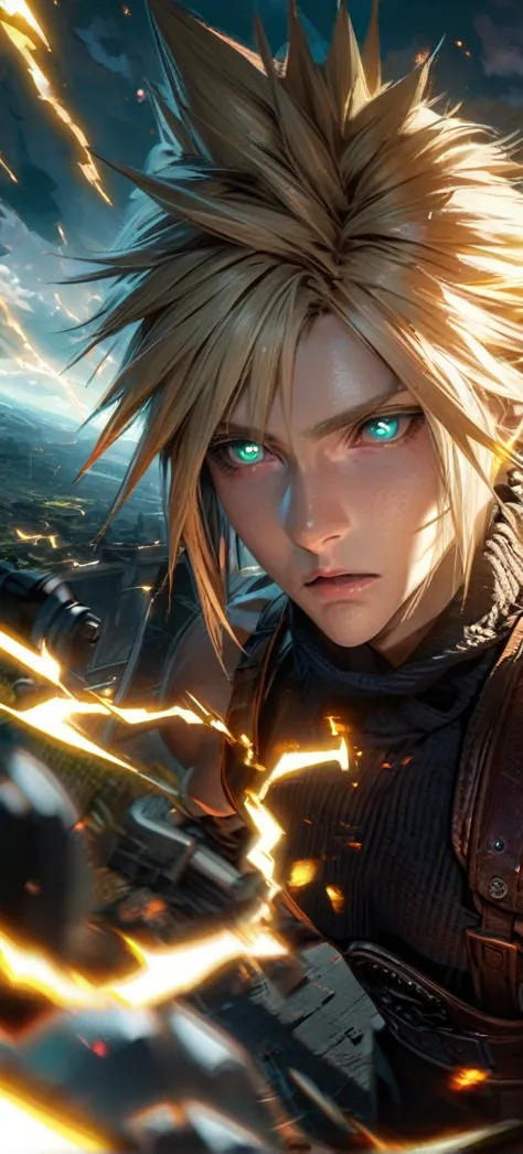 symetrical,absurdres, highres, ultra detailed, hdr, masterpiece, extremely detailed face and eyes, cloud strife,final fantasy 7,...