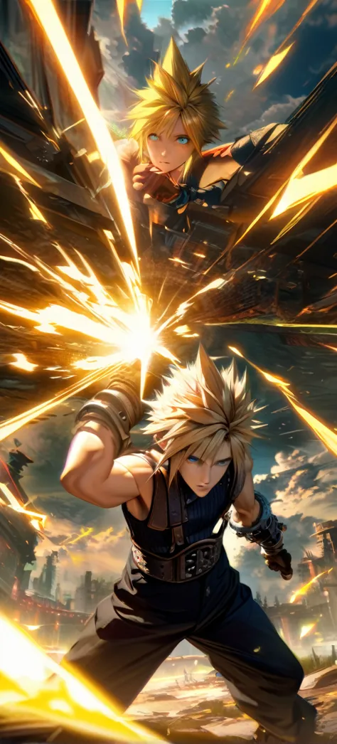 symetrical,absurdres, highres, ultra detailed, hdr, masterpiece, extremely detailed face and eyes, cloud strife,final fantasy 7,...