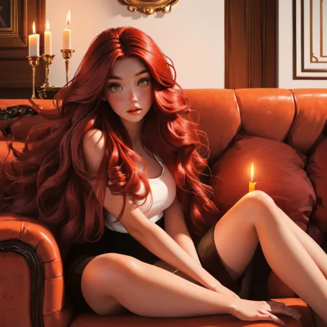 a closeup of a woman sitting on a sofa with a candle, long shiny red hair, redhead woman, beautiful redhead woman, Orange peel a...