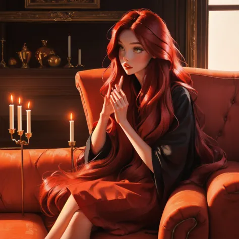 a closeup of a woman sitting on a sofa with a candle, long shiny red hair, redhead woman, beautiful redhead woman, Orange peel a...